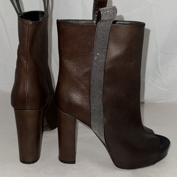 37/7 ❤️ BRUNELLO CUCINELLI Women’s Brown Leather & Crystal High Heel Boots ITALY